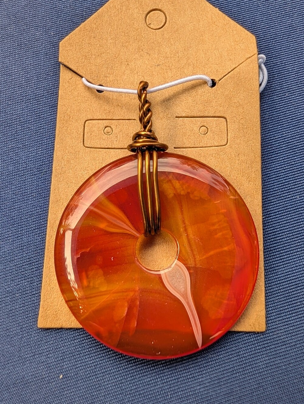 Handmade Carnelian Donut Pendant with Twisted Wire Bail